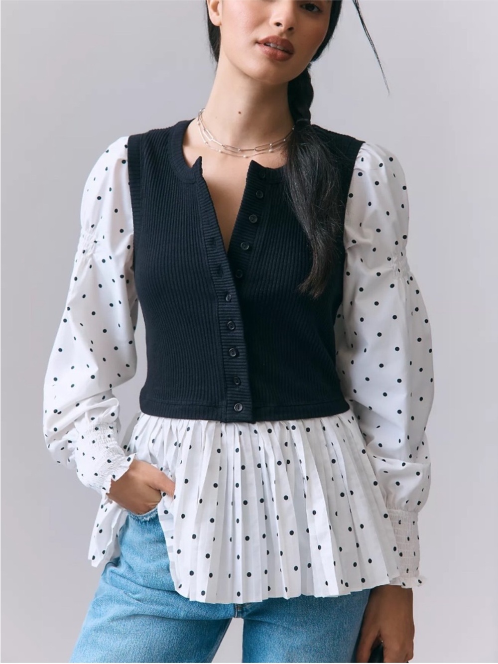 NWT By Anthropologie Layered Twofer polka dot peplum blouse size XL